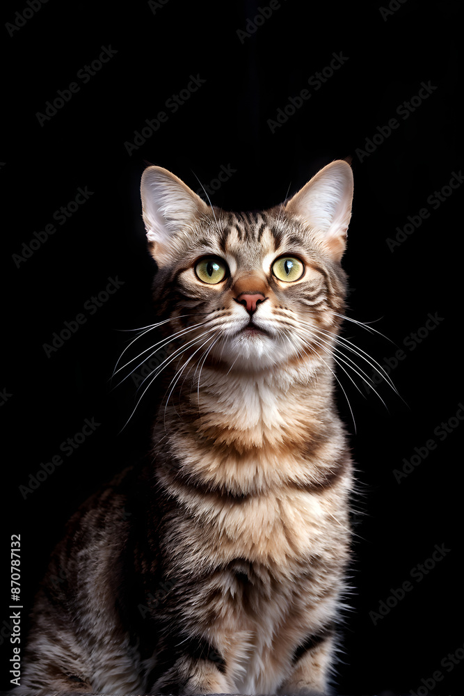 Studio portrait of a sitting tabby cat looking forward against a dark background Studio portrait of a sitting tabby cat looking forward against a dark background