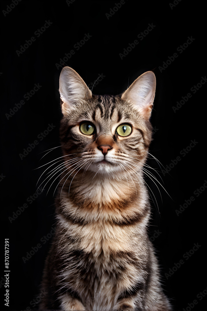Studio portrait of a sitting tabby cat looking forward against a dark background Studio portrait of a sitting tabby cat looking forward against a dark background