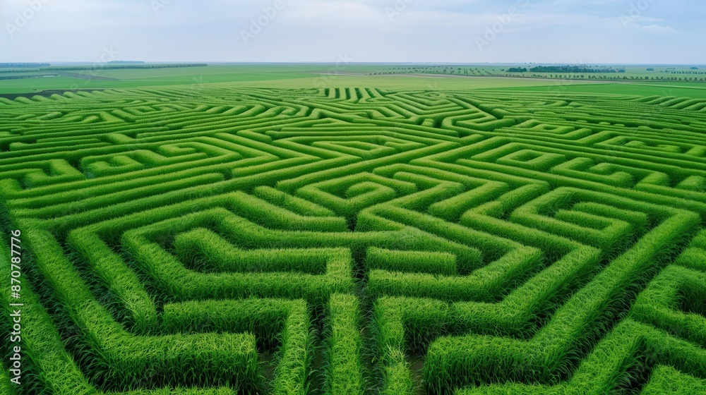 Aerial view of a large corn field maze, intricate design, clear pathways, photo realistic, agricultural artistry Aerial view of a large corn field maze, intricate design, clear pathways, photo realistic, agricultural artistry