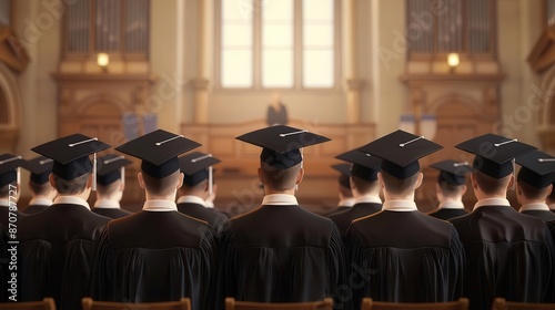 Rear view of graduates in caps and gowns facing a stage during a graduation ceremony, celebration of achievement