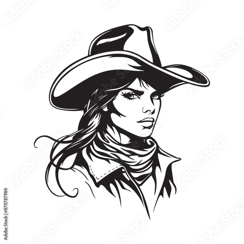 Cowgirl stylized vector portrait, design, art isolated on white background 