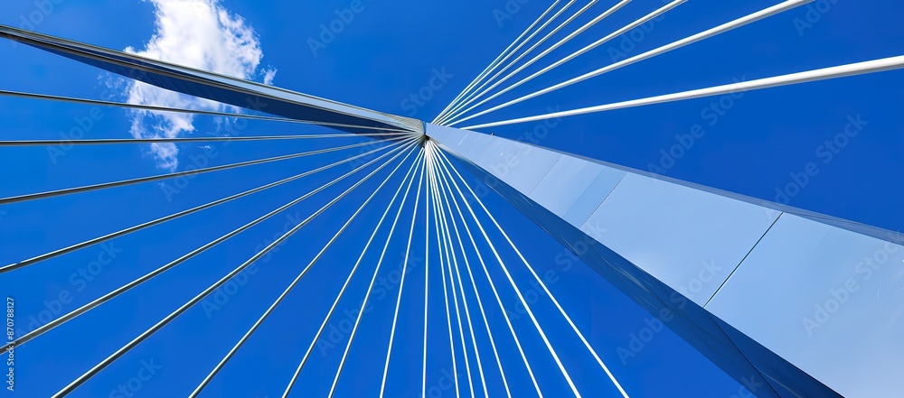 A towering bridge pillar against a blue sky background A towering bridge pillar against a blue sky background