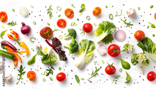 Different fresh vegetables in air on white background
