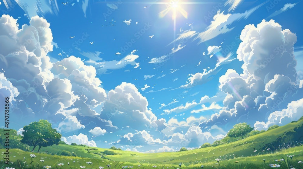 Playful anime landscape with whimsical clouds shaped like animals, floating peacefully in a sunny sky Playful anime landscape with whimsical clouds shaped like animals, floating peacefully in a sunny sky