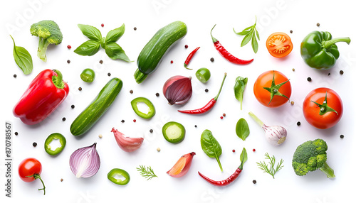 Different fresh vegetables in air on white background