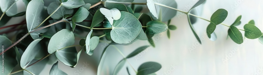 Obraz premium Fresh eucalyptus leaves in a clean, minimalist setting, botanical background selective focus, peaceful vibe, whimsical, overlay, hallway, copy space for text