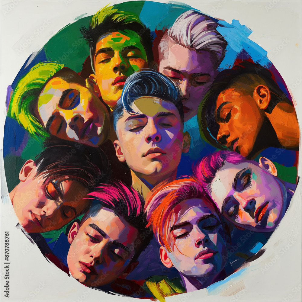 Obraz premium features several lgbt people with different colored hair, in the style of pop art illustration