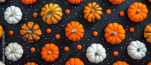 Colorful pumpkins arranged on black background