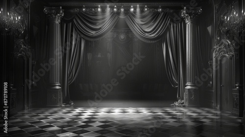 Empty theater stage with curtains beautifully illuminated with copyspace