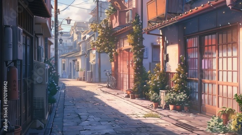 Serene anime city street in the early morning, with soft light illuminating quiet sidewalks and charming buildings
