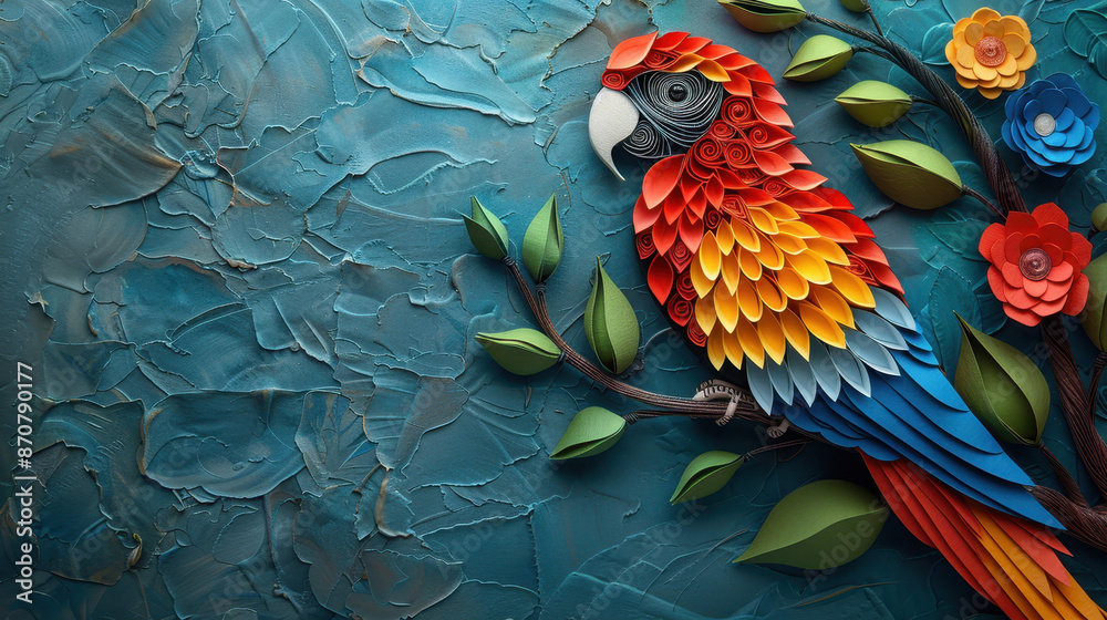 Obraz premium Vibrant parrot created using paper quilling techniques, perched on a branch against a textured blue background with flowers