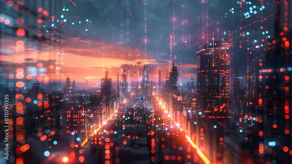 Obraz premium Isometric smart city design concept. Business center with skyscrapers and intelligent buildings,IOT for the internet of things
