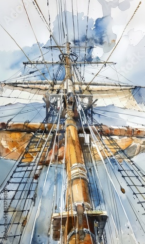 A watercolor painting of a ship's mast stretched with canvas and rope. Use for phone wallpapers, posters, postcards, brochures