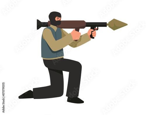 Terrorist in black mask with firearm aiming on knee, vector criminal holding machine gun, killer or murderer, extremism
