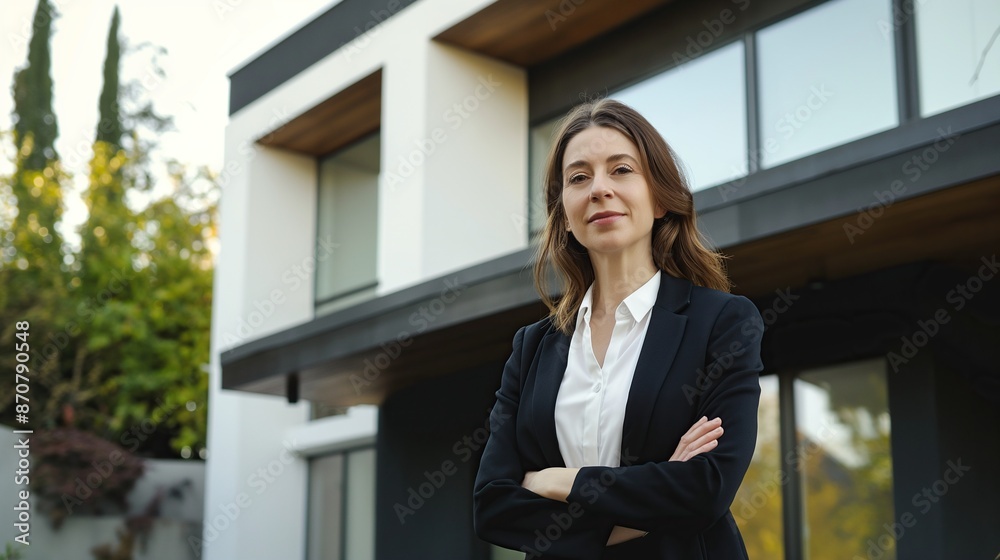 Confident American woman real estate agent stands proudly outside a modern home, radiating expertise and approachability, ready to assist potential house buyers. Portrait of a businesswoman. Confident American woman real estate agent stands proudly outside a modern home, radiating expertise and approachability, ready to assist potential house buyers. Portrait of a businesswoman.