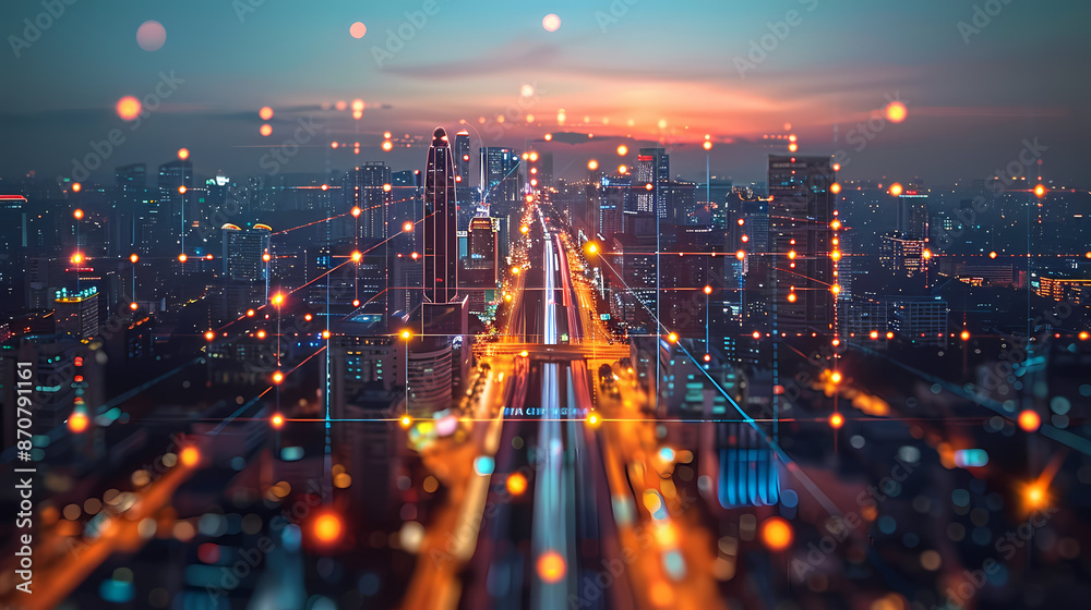 Fototapeta premium Isometric smart city design concept. Business center with skyscrapers and intelligent buildings,IOT for the internet of things