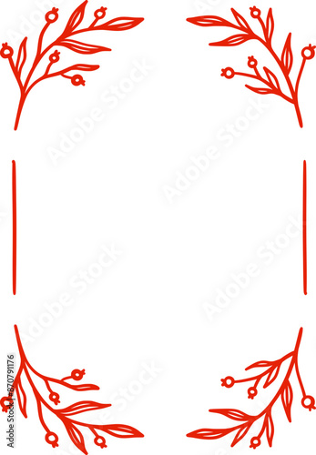 Decorative elegant vector frame with abstrag branches. A clipart element in hand-drawn style. Isolated vintage decoration in red color. Suitable for wedding or birthday invitation, poster, menu