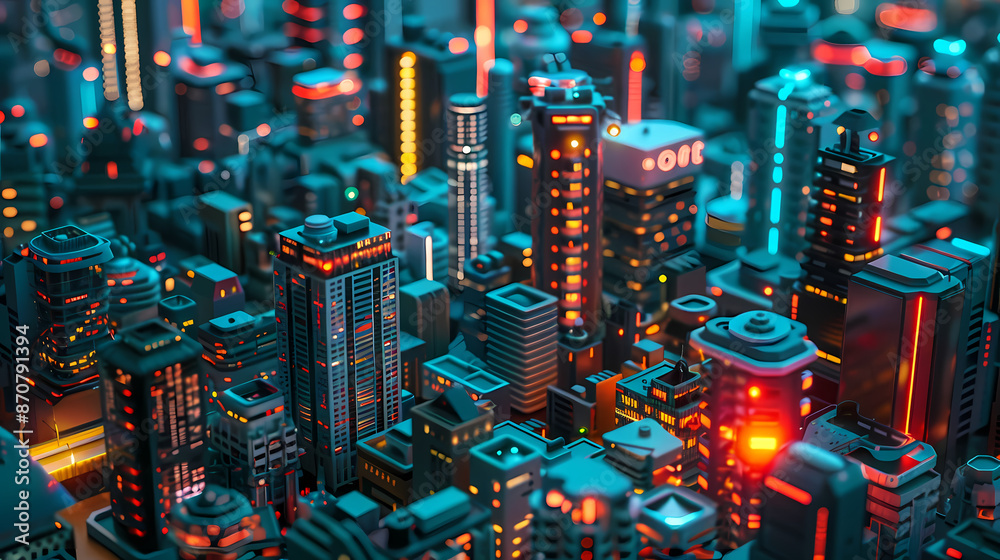 Isometric smart city design concept. Business center with skyscrapers and intelligent buildings,IOT for the internet of things