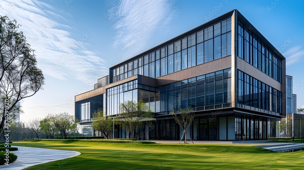 Sleek and Sophisticated Commercial Office Building with Lush Landscape Sleek and Sophisticated Commercial Office Building with Lush Landscape