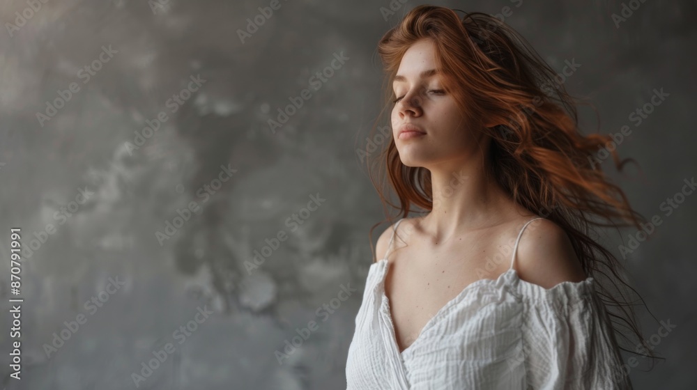 beautiful woman in linen white dress posing isolated on grey background beautiful woman in linen white dress posing isolated on grey background