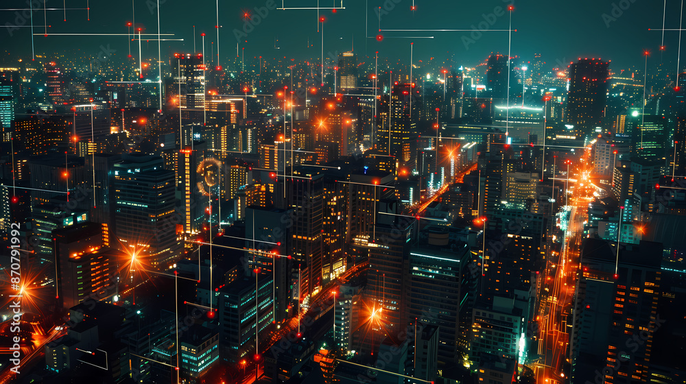 Obraz premium Isometric smart city design concept. Business center with skyscrapers and intelligent buildings,IOT for the internet of things