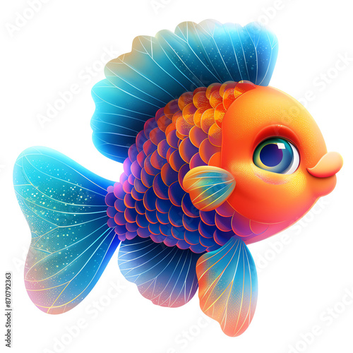 Brightly colored digital illustration of a cartoon fish with vibrant scales and expressive eyes, perfect for children's media and educational materials. photo