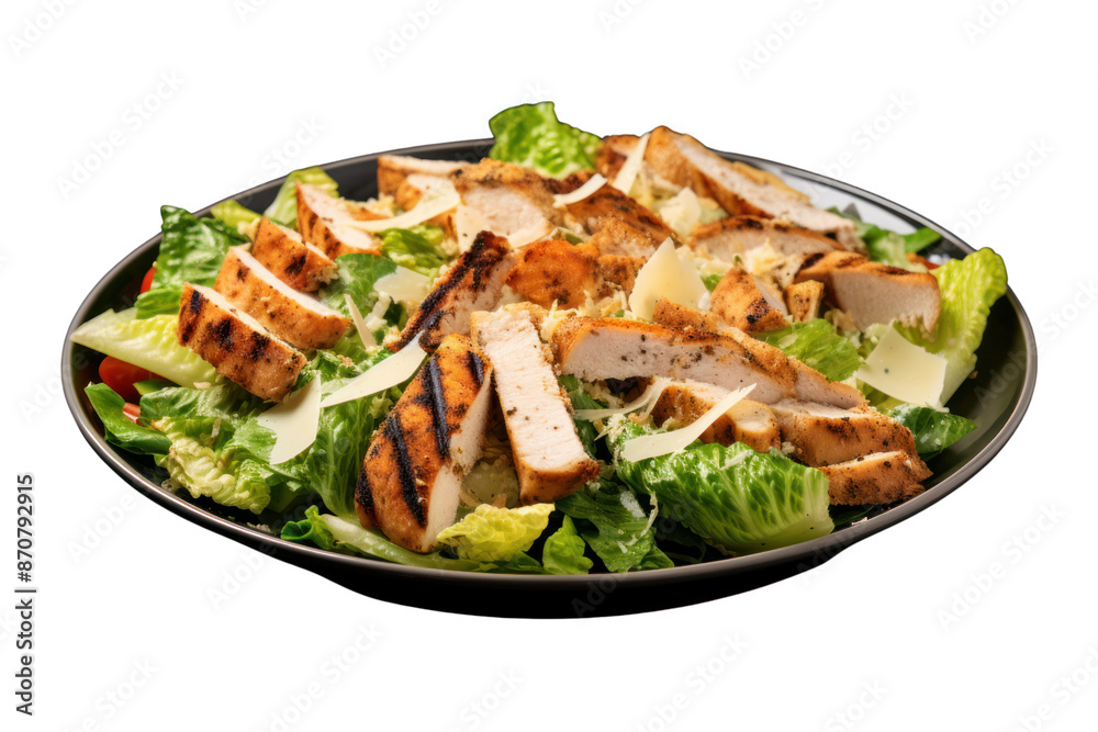 Grilled Chicken Caesar Salad Isolated pieces on a white background Shows various types of salad vegetables. Grilled chicken breast cut into bite-sized pieces, croutons, and clearly Caesar dressing. Grilled Chicken Caesar Salad Isolated pieces on a white background Shows various types of salad vegetables. Grilled chicken breast cut into bite-sized pieces, croutons, and clearly Caesar dressing.