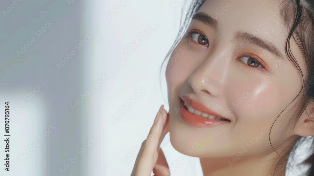 Beauty face. Smiling asian woman touching healthy skin portrait. Beautiful happy girl model with fresh glowing hydrated facial Beauty face. Smiling asian woman touching healthy skin portrait. Beautiful happy girl model with fresh glowing hydrated facial
