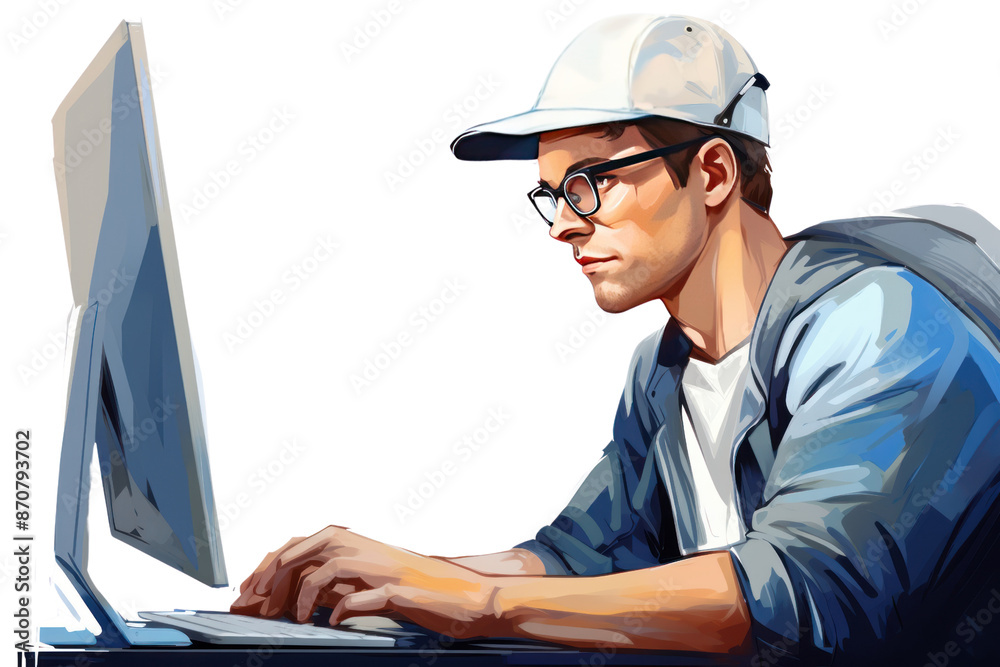 engineer wearing glasses Writing a program on the computer Shows determination and creativity. on a white background engineer wearing glasses Writing a program on the computer Shows determination and creativity. on a white background