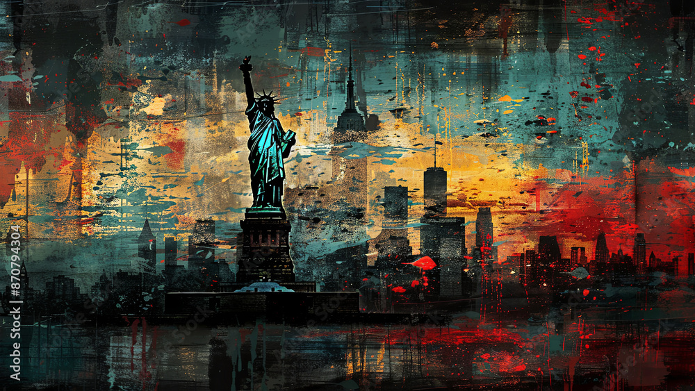 Abstract Urban Art of the Statue of Liberty with New York City Skyline ...