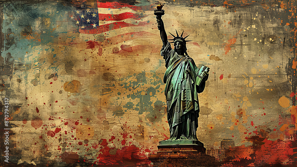 Artistic Depiction of the Statue of Liberty with American Flag and Grungy Background Artistic Depiction of the Statue of Liberty with American Flag and Grungy Background