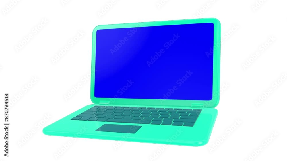 animation of opening a turquoise laptop with a blue screen animation of opening a turquoise laptop with a blue screen