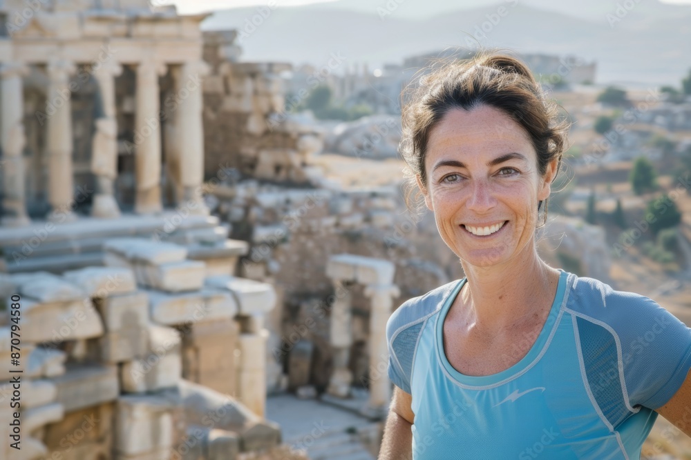 Portrait of a smiling woman in her 40s wearing a moisture-wicking running shirt isolated on backdrop of ancient ruins