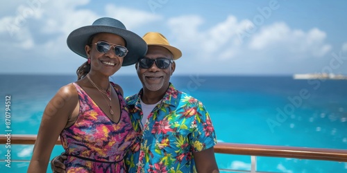 A photo of happy senior couple on a cruise ship, wearing colourful bright clothes on a sunny day. Travel and tourism concept.