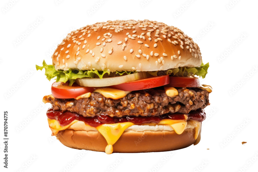 Classic Beef Burger Isolated pieces on a white background Shows soft bread Thick hamburger patties, melted cheese, fresh vegetables, and obvious sauce Classic Beef Burger Isolated pieces on a white background Shows soft bread Thick hamburger patties, melted cheese, fresh vegetables, and obvious sauce