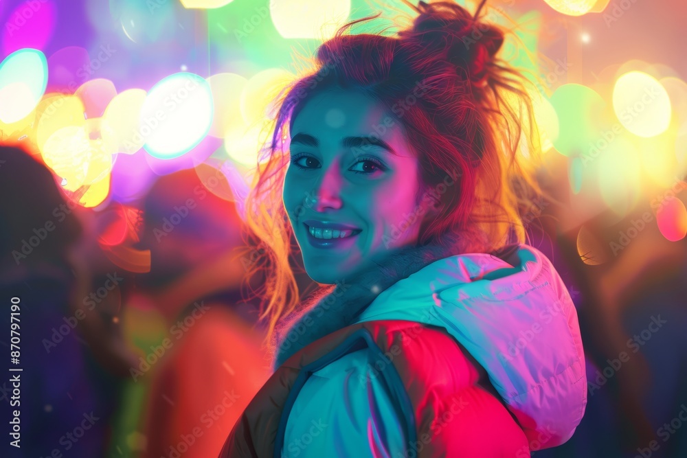 Portrait of a smiling woman in her 20s dressed in a thermal insulation vest on vibrant festival crowd Portrait of a smiling woman in her 20s dressed in a thermal insulation vest on vibrant festival crowd