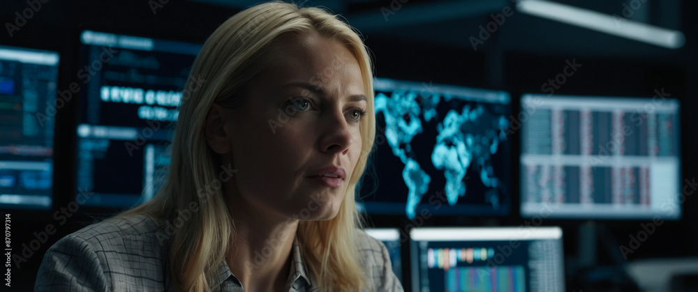 A blonde woman is sitting in front of a computer monitor in a dark room and a blue neon screen with a serious expression on her face. A blonde woman in a digital technology laboratory. A blonde woman is sitting in front of a computer monitor in a dark room and a blue neon screen with a serious expression on her face. A blonde woman in a digital technology laboratory.