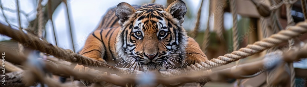 Close-up of a majestic tiger gazing intensely with striking eyes, surrounded by ropes in a natural habitat setting. Close-up of a majestic tiger gazing intensely with striking eyes, surrounded by ropes in a natural habitat setting.