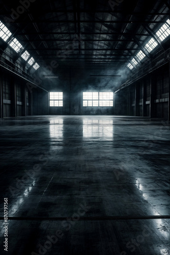 Empty black dark space industry hall with smoke and lighting effect, abstract background. Concrete floor grunge texture background, industrial room. Create art backdrop concept. Copy ad text space © Alex Vog