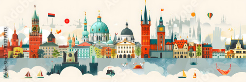 Pastiche travel illustration featuring various tourist buildings and monuments worldwide, 