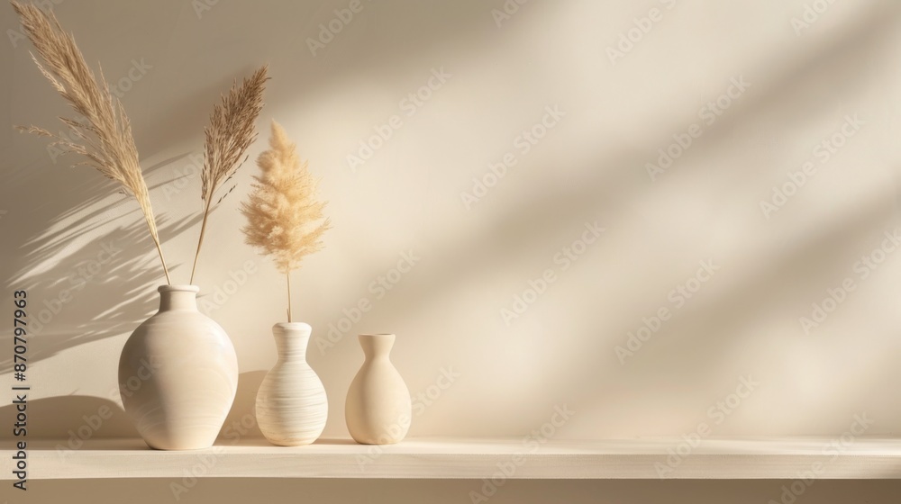 Ceramic handmade vases in a minimalist style on a shelf in the wall. with Copy space Ceramic handmade vases in a minimalist style on a shelf in the wall. with Copy space