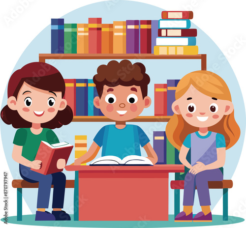 Cartoon kids studying in the library