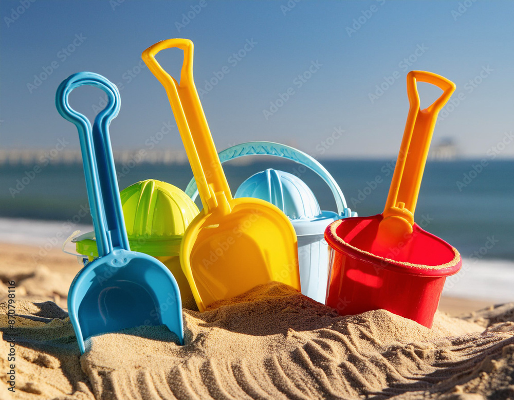 Close-Up of Colorful Beach Toys on Sandy Beach Close-Up of Colorful Beach Toys on Sandy Beach