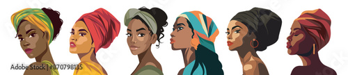 Vector set of different women latino, afro, nationalities, hairstyles, sideways pose, icons, avatar for social networks