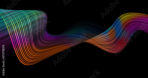 Abstract winding lines of different colors on a black background. Vector illustration in concept technology, science, music, modernity.