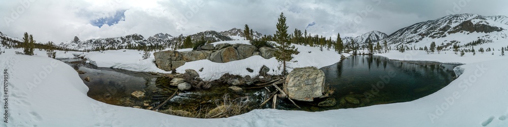 A panoramic view of a snowy landscape with a river running through it A panoramic view of a snowy landscape with a river running through it