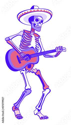 Skeleton in sombrero playing guitar. Funny vector isolated illustration. Day of the Dead concept. Bright lilac and pink colors