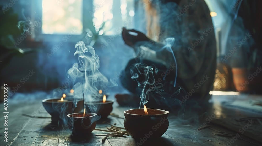 The smoke from the incense creates a mystical ambiance, perfect for a spiritual or sacred space.