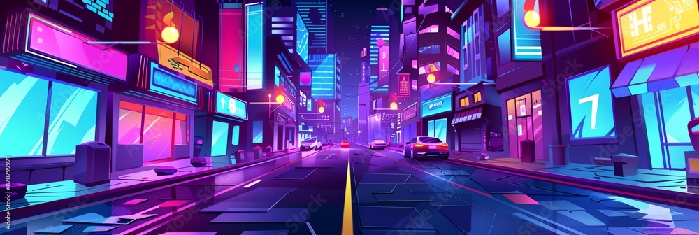 A neon city street with a car driving down it. The street is lit up with neon lights and the buildings are brightly colored A neon city street with a car driving down it. The street is lit up with neon lights and the buildings are brightly colored