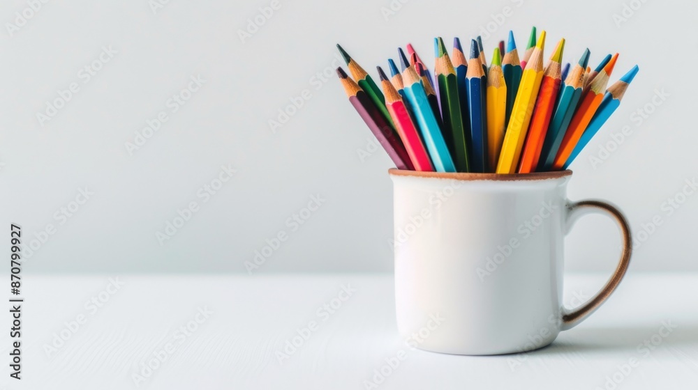 Color pencils arranged in a mug on a plain white surface, with copy space Color pencils arranged in a mug on a plain white surface, with copy space